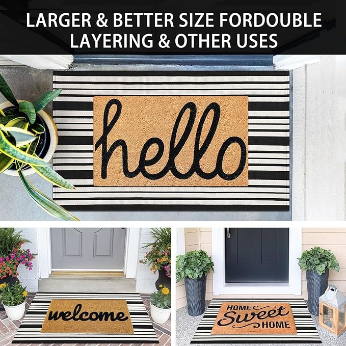 KOZYFLY Black and White Striped Outdoor Doormat 27.5x43 Inches Area Rug Washable Front Porch Rug Farmhouse Front Door Mat Indoor Outdoor Rug for Door, Kitchen, Entryway, Patio