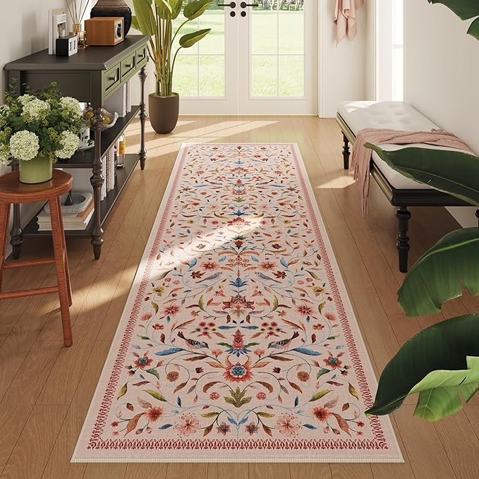 Vintage Medallion Floral Kitchen Runner 2x6, Machine Washable Rug, Soft Low Pile, Non-Slip Carpet for Hallways, Laundry, Bedroom, Bathroom, Entryway | Pink