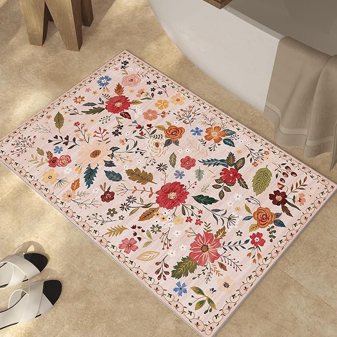 3x5 Area Rug, Floral Pink Washable Rug for Entryway, Non Slip Flower Area Rugs, Soft Low Pile Indoor Doormat Small Carpet, Rugs for Living Room Bedroom Nursery Kitchen Dining Room, Pink/Beige