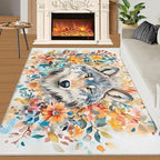 8x10 Wolf Rugs for Living Room - Watercolor Florals Large Area Rug, Animals Modern Boy Nursery Rug Soft Washable for Classroom Office Bedroom Kids Room