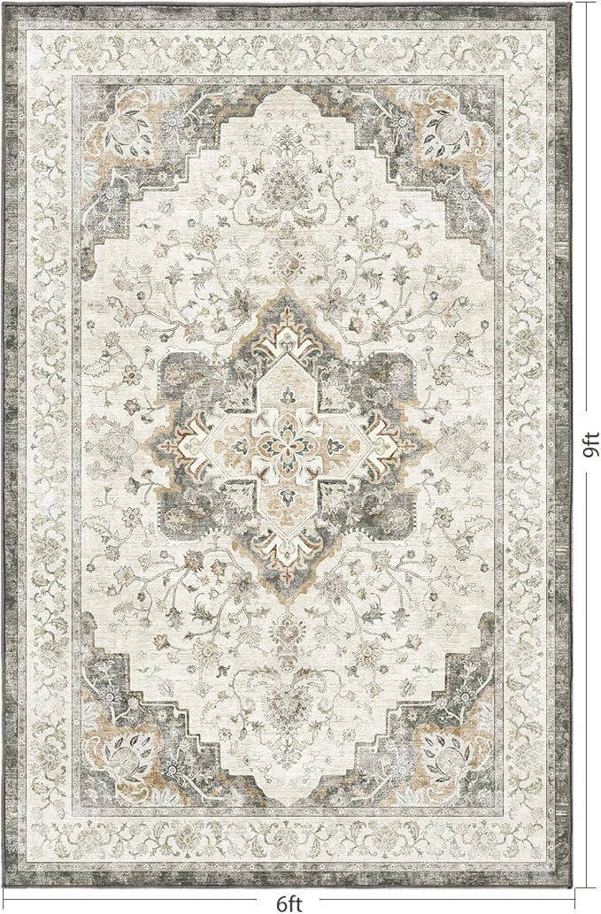 Marsail 6x9 Machine Washable Area Rug, Soft & Slip-Resistant Large Area Rug with Reinforced Bound Edges, Vintage Short-Pile Washable Rug with Floral Pattern for Living Room, Dinning Room and Bedroom
