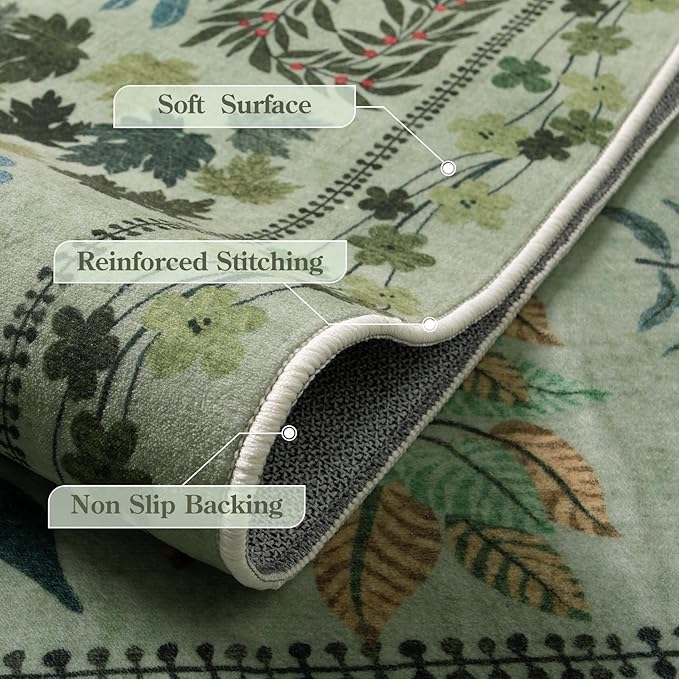 Floral Boho 3x5 Sage Green Bathroom Rugs, Washable Botanical Area Rugs for Entryway Bedroom, Non Slip Kitchen Floor Mat Indoor Throw Carpet for Laundry Living Room (Green,3 x 5)