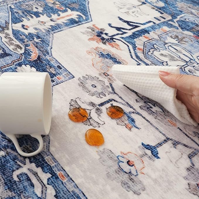 Rugcomf Vintage Medallion Living Room Rug 5'x7' - Machine Washable Area Rug, Non-Slip Low Pile Boho Carpet for Bedroom, Dining Room, Farmhouse, Office, Kids Playroom - Blue