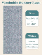 SERISSA Boho Washable Runner Rug, 2'6"x10' Long Non-Slip Vintage Floral Hallway Kitchen Stair Runner Rug Ultra Soft Print Distressed Blue Grey Floor Carpet for Bathroom Laundry Room