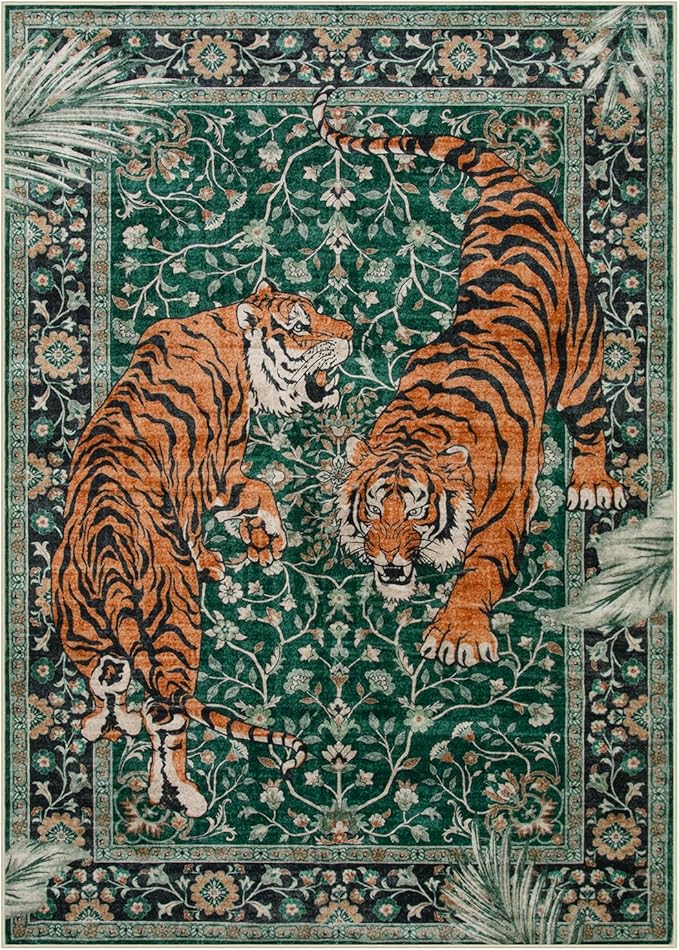 Moynesa Tiger 5x7 Area Rug, Boho Washable Living Room Rug, Non Slip Green Rugs for Bedroom, Ultra Thin Vintage Soft Stain Resistant Throw Floor Carpet for Office Dining Room