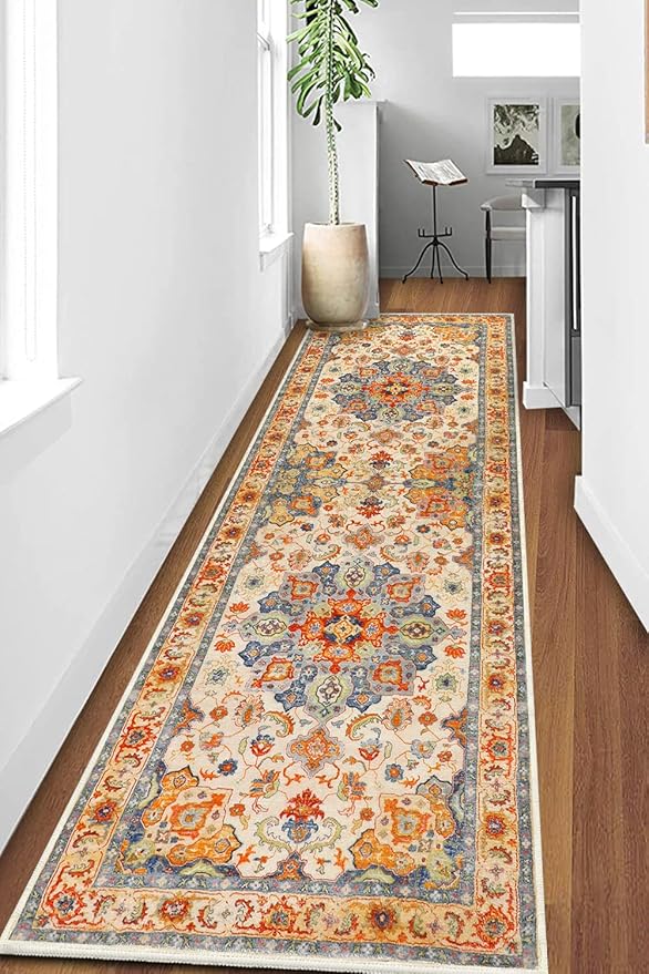 COMSLE Boho Runner Rug, 2' x 8' Washable Rugs for Hallway Faux Wool Small Kitchen Area Rug Distressed Throw Rug Non-Slip Laundry Room Rug Carpet Runner for Entryway Indoor Bedroom