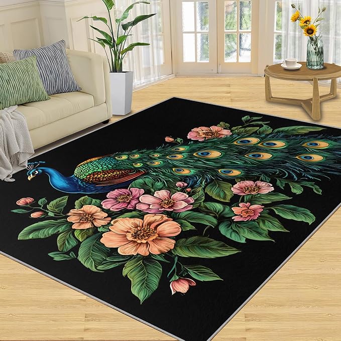 Peacock Peony Rugs for Bedroom - 8x10 Rug, Classic Peacock Peony Area Rugs for Living Room, Teal Turquoise Carpet, Floral Plant Washable Area Mat, Aesthetics Carpet - Peafowl Home Decor & Gifts