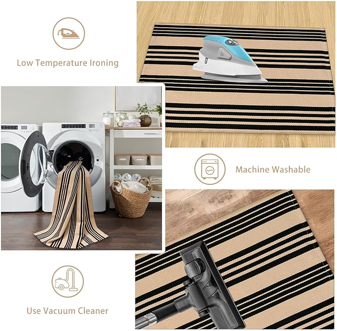Black and Khaki Striped Rug 5'x7', Washable Outdoor Rugs Cotton Hand Woven Front Porch Rugs, Reversible Patio Rug Foldable Large Throw Rugs for Living Room Home Entrance
