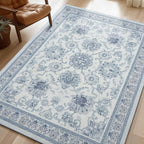 Phantoscope Washable Area Rug 6'x9' Non-Slip, Vintage Neutral Rugs for Living Room, Bedroom, Dining Room, Distressed Boho Floral Medallion Pattern, Low-Pile Foldable Floor Carpet, Blue/White