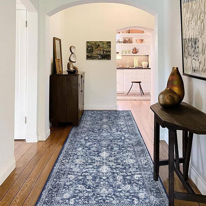 KILOCOCO Hallway Runner 3x8 Rug Runner Printed Vintage Floral Washable Kitchen Runners Non-Slip Rubber Backed Runners for Hallways Laundry Room Distressed Boho Rugs for Entryway Bedroom, Blue