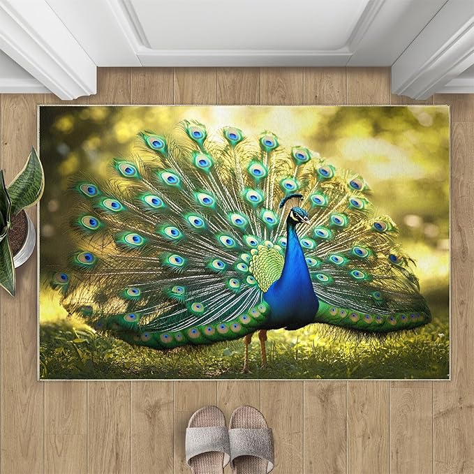 Peacock Rug 2x3-2x3 Rug, Wonderful Peacock Area Rugs for Bedroom, Nature Rugs for Living Room, Modern Style Washable Mat, Aesthetics Carpet - Peafowl Home Decor & Gifts