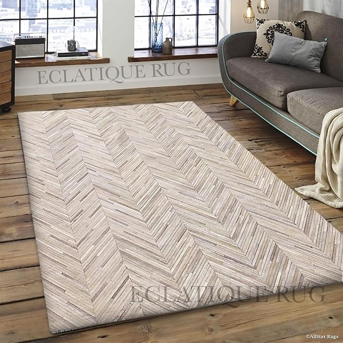 Elegant Rectangular Rug Cowhide Leather Stylish Non Slip Chevron Patchwork Area Rug for Living Room and Home Décor Floor Carpet (Beige-2.5X 12 ft)