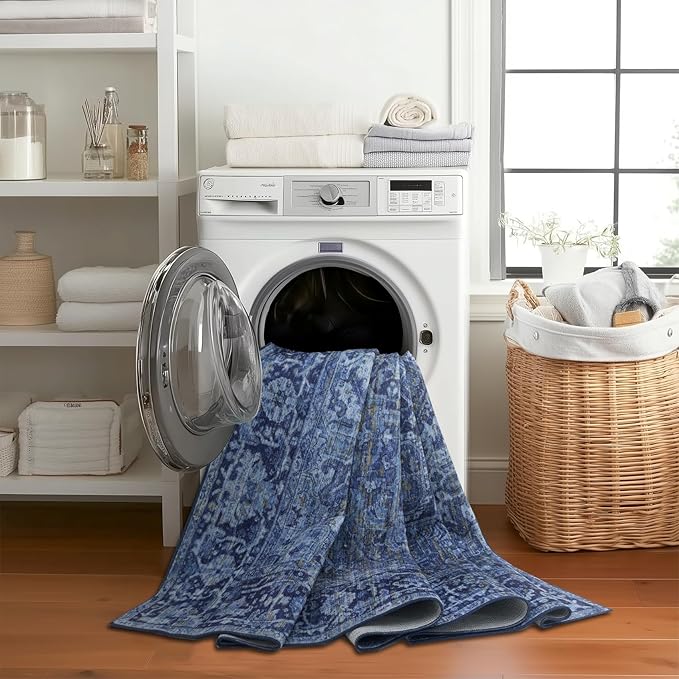 ReaLife Rugs Machine Washable Area Rug Runner - Living Room Bedroom Bathroom Kitchen Entryway Office - Padded Low Pile Stain Resistant Premium - Boho Vintage Traditional - Lyle - Blue 3' x 5'