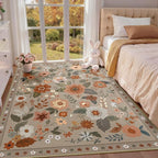 Floral 3x5 Area Rug Machine Washable Soft Print Boho Carpet Non Slip Doormat Low Pile Flower Area Rugs for Living Room Bedroom Nursery Kitchen Dining Room Indoor-Brown/Brick