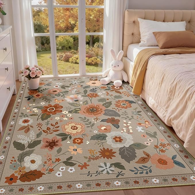 Floral 4x6 Area Rug Machine Washable Soft Print Boho Carpet Non Slip Doormat Low Pile Flower Area Rugs for Living Room Bedroom Nursery Kitchen Dining Room Indoor-Brown/Brick