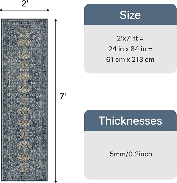 Bavni Washable Runner Rug 2x7, Non Slip Long Hallway Rug, Vintage Print Low Pile Ultra Thin Washable Carpet for Kitchen Bedroom, Blue