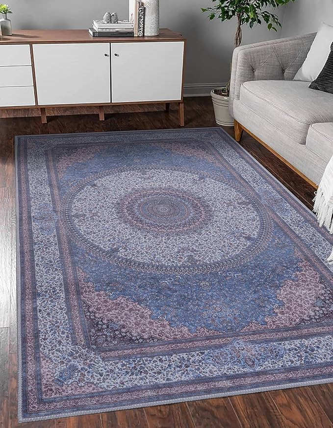 GLN Rugs Traditional Collection - Machine Washable Area Rug, Traditional Washable, Non Slip, Low Pile Chenille Rug, Living Room, Bedroom, Kitchen Rug (8' x 10' Navy/Off White)