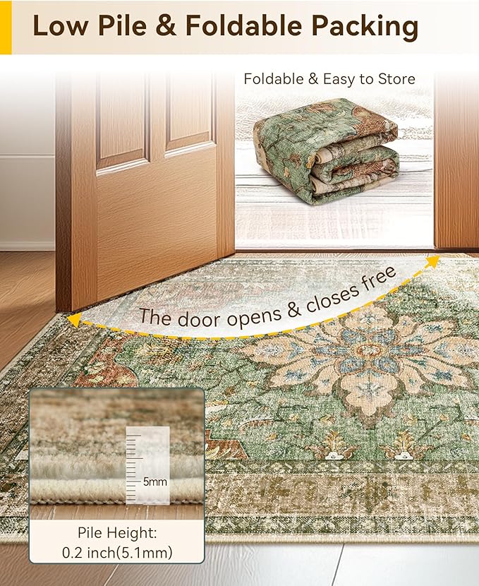 Area Rugs 3'x12' Washable Non-Slip, Floral Vintage Distress Print Pattern Medallion Carpet for Living Room Bedroom Dining Room, Brick Red Rust Neutral Brown Burnt Orange Green