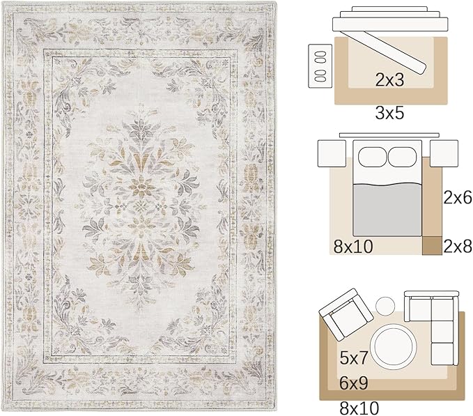jinchan Vintage Floral 3x5 Area Rugs for Entryway - Machine Washable Distressed Design Ultra-Thin Low-Pile Soft Non-Shedding Carpet for Kitchen Bedroom Entrance Laundry Living Room (3x5ft, Light Grey)