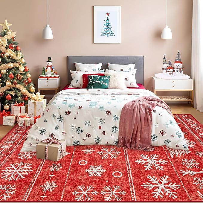 Christmas Area Rug 6x9 Living Room Rugs, Machine Washable Boho Christmas Tree Snowflake Rug Non-Slip Soft Low Pile Holiday Indoor Rugs for Bedroom Kitchen Dining Room Office(Xmas Red, 6'x9')