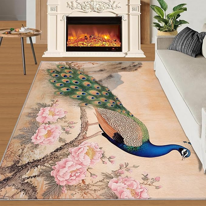 Peacock Peony Area Rug 3x5-3x5 Rug, Classic Peacock Peony Rugs for Living Room, Floral Animal Carpet, Peafowl Feather Washable Area Rugs for Bedroom, Aesthetics Carpet - Peafowl Home Decor & Gifts