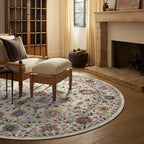 Washable Round Area Rug 8ft - Cream Colorful Traditional Floral Living Room Circle Rug 8x8 Non-Slip Vintage Bohemian Dining Room Carpet Soft Vintage Boho Round Rugs for Bedroom Office Entryway
