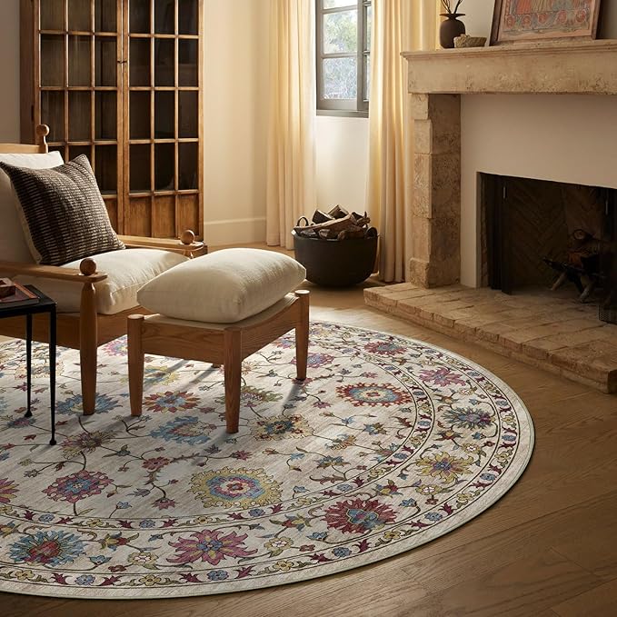 Washable Round Area Rug 8ft - Cream Colorful Traditional Floral Living Room Circle Rug 8x8 Non-Slip Vintage Bohemian Dining Room Carpet Soft Vintage Boho Round Rugs for Bedroom Office Entryway