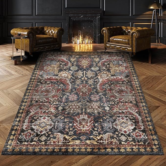 RUGSURE Washable Area Rugs - Perfect for Living Room, Bedroom, Kids Room, Nursery - Stain & Water Resistant Non-Slip, Pet & Child Friendly, Vintage Tribal Area Rugs (Rust, 8' x 10')