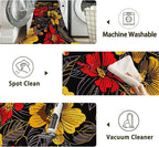Black Floral Washable Living Room Area Rug, Low Profile Abstract Pattern, 3x5 Non-Slip Backing Carpet for Kitchen, Bedroom, Dining Room