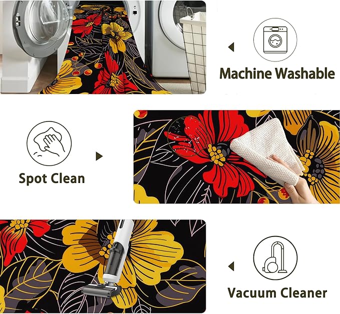 Black Floral Washable Living Room Area Rug, Low Profile Abstract Pattern, Non-Slip Backing Carpet for Kitchen, Bedroom, Dining Room