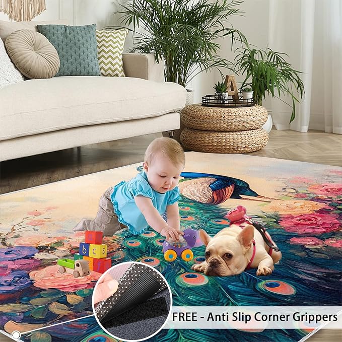 Peacock Peony Rug 8x10-8x10 Rug, Classic Peacock Peony Area Rugs for Bedroom, Teal Turquoise Rugs for Living Room, Peafowl Washable Mat, Malachite Green Feather Carpet - Peafowl Home Decor & Gifts