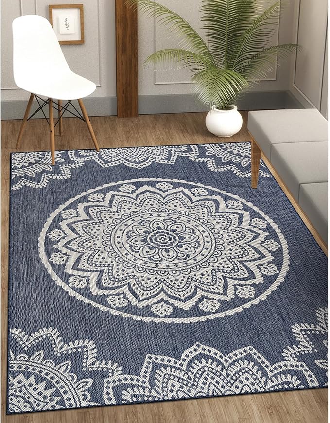 CAMILSON Outdoor Rug 8x10 Modern Area Rugs for Indoor and Outdoor Patios and Porches - Waterproof, Washable, Non-Shedding, Easy-to-Clean Outside Carpet (8 x 10, Medallion - Blue/White)
