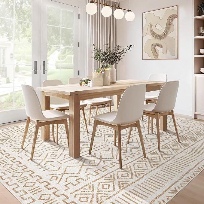 5x7 Area Rug Living Room: Washable Boho Geometric Moroccan Rug Neutral Modern Farmhouse Indoor Soft Non Slip Ultra Thin Printed Pattern Carpet for Dining Room Bedroom Nursery Home (BeigeBrown, 5'x7')