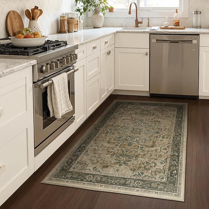 Medallion 4x5 Throw Rug for Large Kitchen, Distressed Vintage Small Area Rugs for Living Room Bedroom, Washable Non Slip Thin Carpet Rug for Home Office/Bathroom/Foyer, Multi Brown/Olive