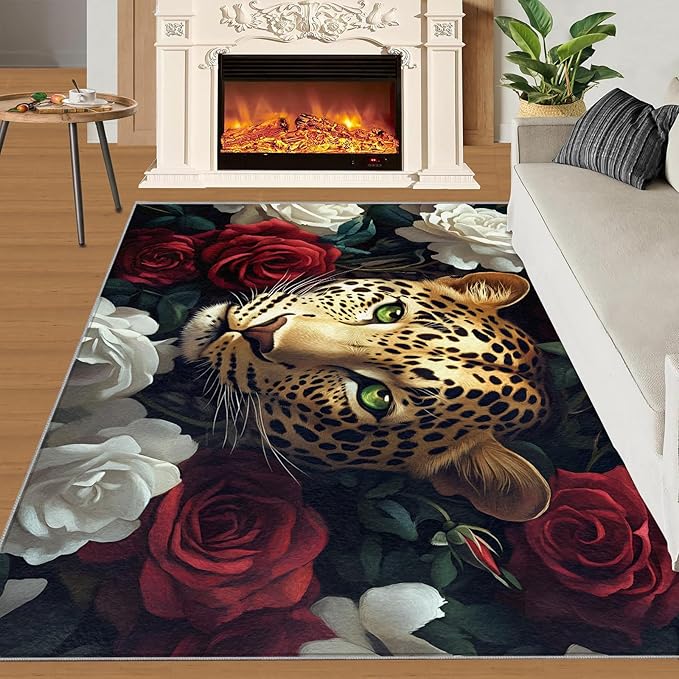 Leopard Rugs for Bedroom - 2x3 Area Rug - Flowers Leopard Rugs for Living Room, 3D Flowers Animal Rug, Washable Home Decor Carpet