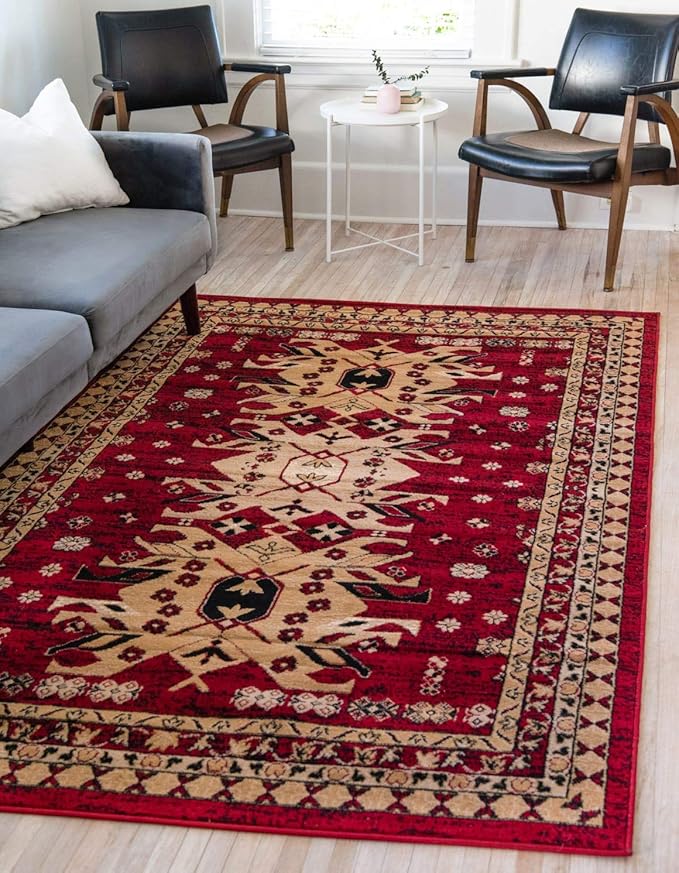 Unique Loom Taftan Collection Border Geometric Tribal Inspired Design Area Rug (6' 0 x 9' 0 Rectangular, Red/ Gold)