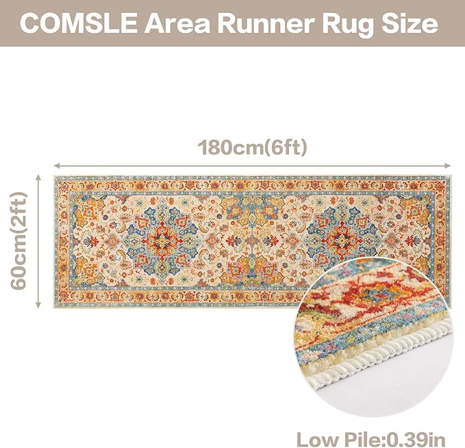 COMSLE Boho Runner Rug, 2' x 6' Washable Area Rugs for Hallway Faux Wool Small Distressed Indoor Door Mat Non-Slip Laundry Room Kitchen Carpet for Entryway Bedroom