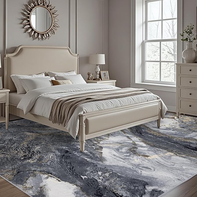 Abstract 10x14 Area Rugs: Modern Washable Rug for Living Room Bedroom Dining Room Indoor - Thin Low Pile Non-Slip Large Carpet - Black Gold