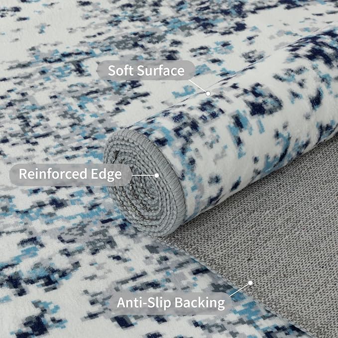 Easy-Going Area Rug 4x6 Washable Boho Rugs for Living Room Non-Slip Bedroom Rug Low Pile Lightweight Floral Print Vintage Throw Rug for Dining Room Kitchen Home Office Carpet, Blue Cream