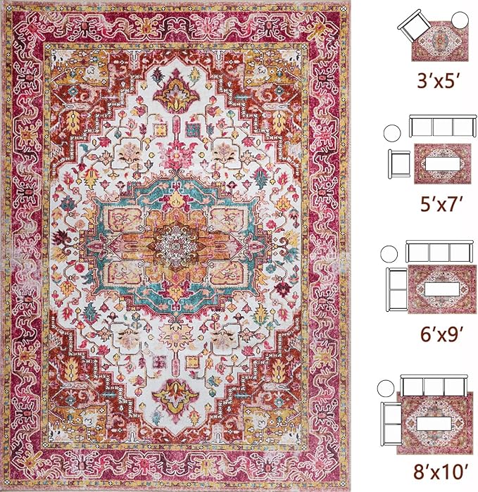 Beglad Large Vintage Area Rugs 6x9 for Living Room, Machine Washable Rugs - Low Pile Carptet, Soft Distressed Floral Rugs for Kitchen, Dining Room, Bedroom, Plum