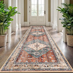 KOZYFLY Long Runners for Hallways 2.6x10 Ft Washable Kitchen Boho Runner Rug for Entryway Indoor Rust/Orange/Blue Printed Faux Wool Stair Runner Floor Carpet Runner for Stair Kitchen Hall