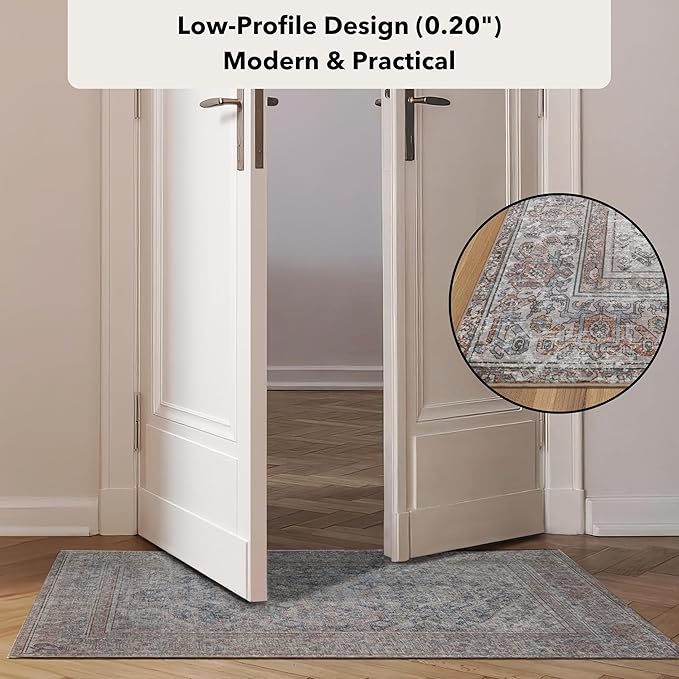 Kuden 4x6 Area Rug, Machine Washable Area Rug with Non-Slip Backing, Vintage Style, Soft, Easy Clean, Low Pile Rug for Living Room, Bedroom, Dining Room
