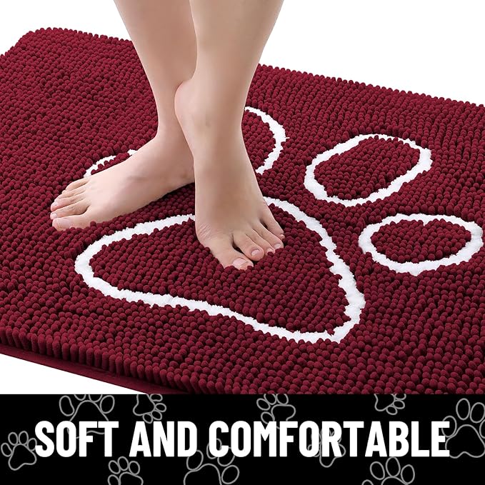 Smiry Dog Door Mat for Muddy Paws, Absorbent Dirt Trapper Non Slip Quick Dry Washable Chenille Mat for Mud Dogs, Entry Rug for Indoor and Outdoor (47x32 Inches, Burgundy and White)