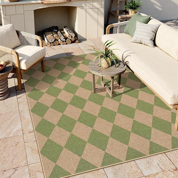 Lahome Checkered Washable Rugs 5x7, Green Area Rug Neutral Large Outdoor Patio Living Room Rug, Farmhouse Non Slip Non Shedding Floor Carpet for Courtyard Camping