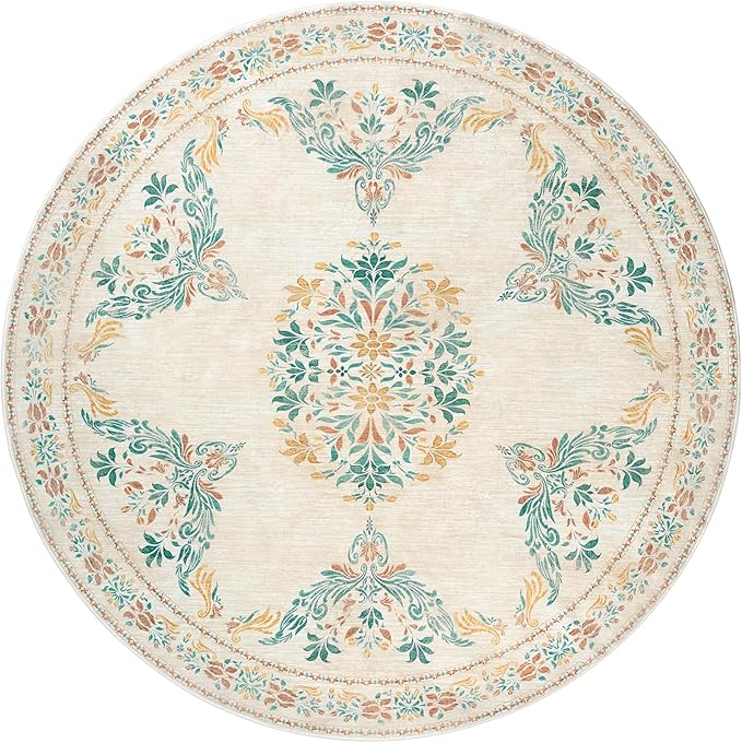 jinchan Round Rug 7ft Area Rug Vintage Floral Distressed Design Machine Washable Soft Non-Slip Low-Pile Ultra-Thin Circle Rug for Living Room Dining Room Bedroom Home Office (7' Round, Apricot Multi)