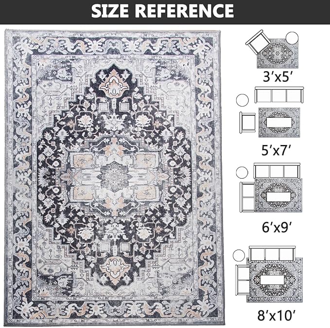 Washable Area Rug 3x5, Low Pile Super Soft Carpet, Vitnage Distressed Rug for Bedroom, Living Room, Dining Room, Non-Slip, Low Pile, Black