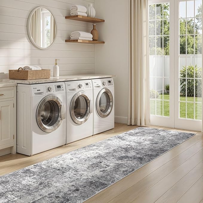 2X8 Washable Runner Rug for Hallway: Soft Neutral Modern Abstract Area Rug - Non-Slip Low Pile Long Throw Indoor Carpet for Kitchen Entryway Kitchen Bedroom Laundry - Grey