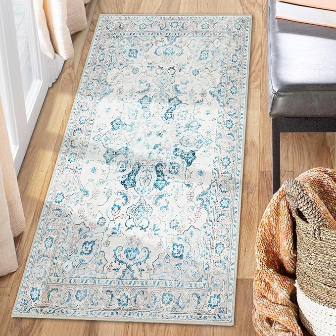 COMSLE Washable Door Mat, Front Door Mat Indoor Faux Wool Absorbent Small Rugs for Entryway Distressed Throw Rug Non-Slip Accent Floor Carpet for Entrance Bedroom, 24X48 Inches Khaki Green