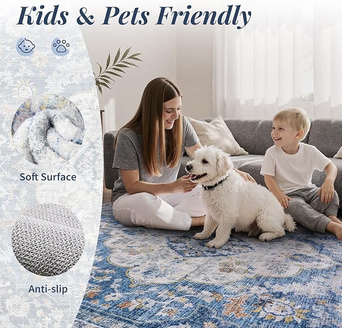 tchdio 8x10 Area Rugs for Living Room, Vintage Non Slip Washable Rug, Soft Low Pile Area Rug Large Floor Indoor Carpet for Bedroom, Dining Room, Office (Blue, 8'x10')