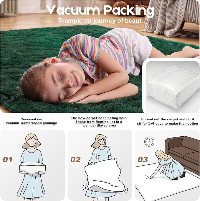 3x5 Dark Green Rugs for Bedroom Living Room, Fluffy Small Area Rug Soft Shag Carpet for Kids Boys and Girls Room with 4 Rugs Non-Slip Stickers Dorm Home Decor (3ft x 5ft)